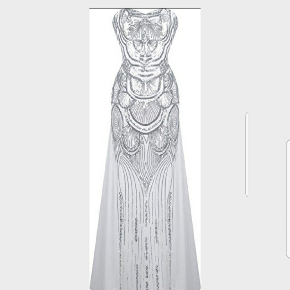Silver and white sequined prom dress